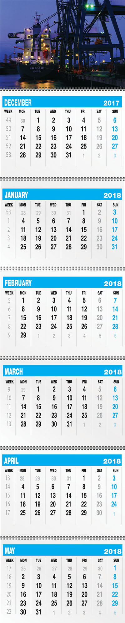 ปฏิทินคอมเมอเชียล 6 เดือน รูปด้านบน : ขนาด 29.7 ซม. x 21 ซม. อาร์ตการ์ด 230 แกรม พิมพ์ 4 สี 1 ด้าน ตอกตาไก่สำหรับแขวน  ภู่ด้านล่าง: มี 6 ช่วง  ช่วงละ 12 ใบ   ขนาด 29.7 ซม. x 20 ซม. กระดาษปอนด์ 80 แกรม พิมพ์ 2 สี 1 ด้าน