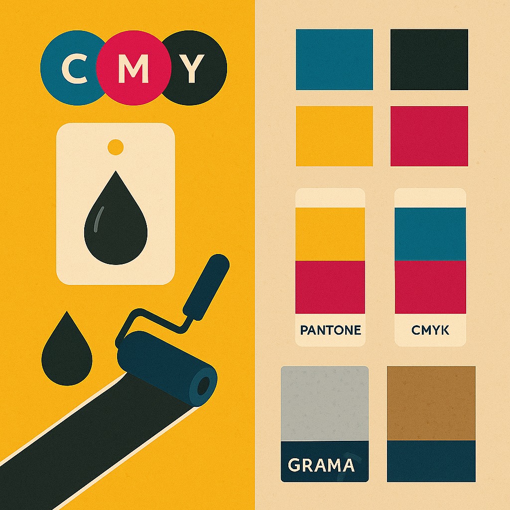 ภาพประกอบเกี่ยวกับรวมคำศัพท์ในวงการงานพิมพ์ที่ลูกค้าควรรู้ แสดงไอคอนและอุปกรณ์งานพิมพ์ เช่น พัดสี แผ่นกระดาษ และแผนผังสี