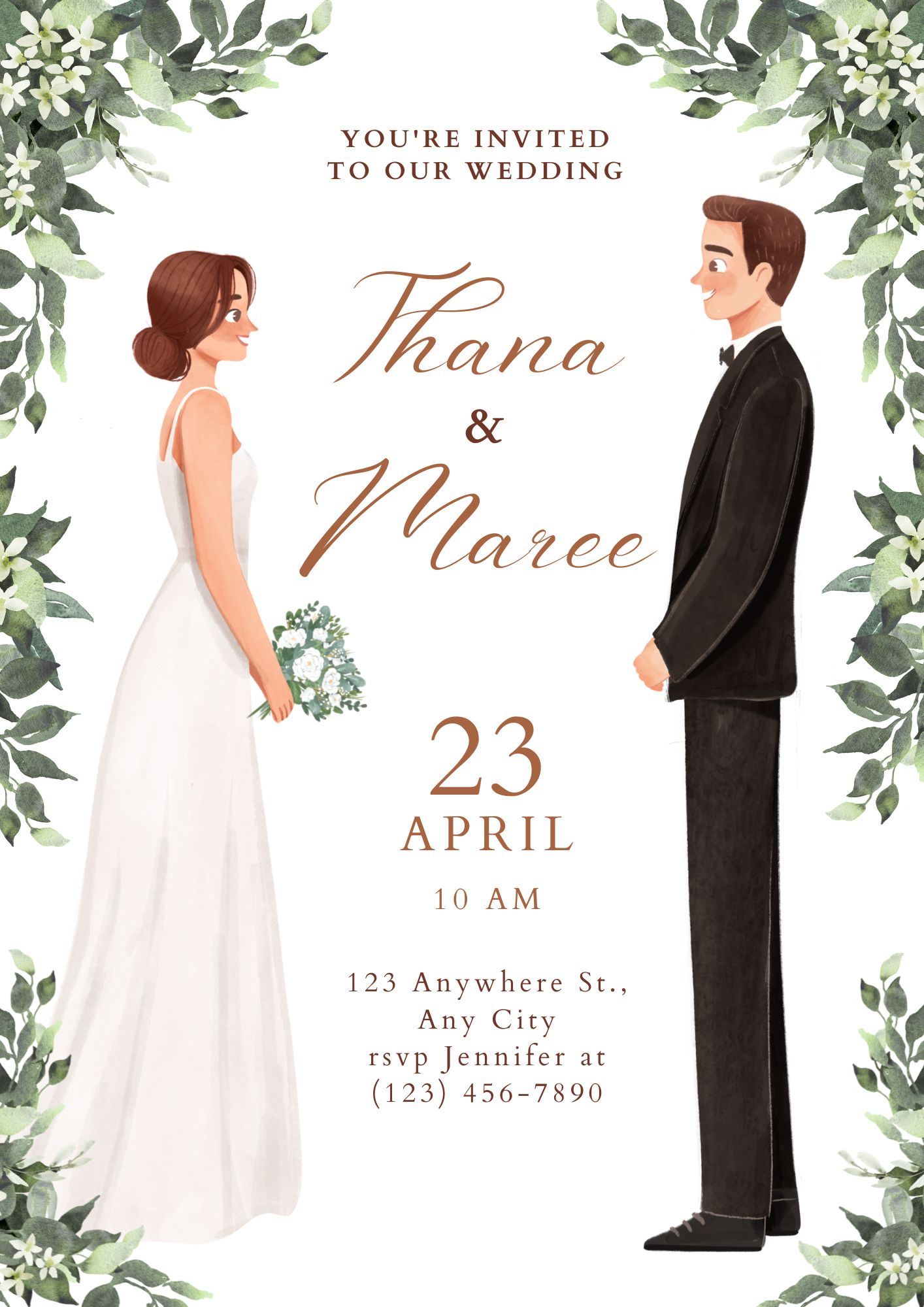 Watercolor wedding invitation card, bride and groom facing each other in wedding attire, surrounded by green foliage in a natural style, with English wedding details