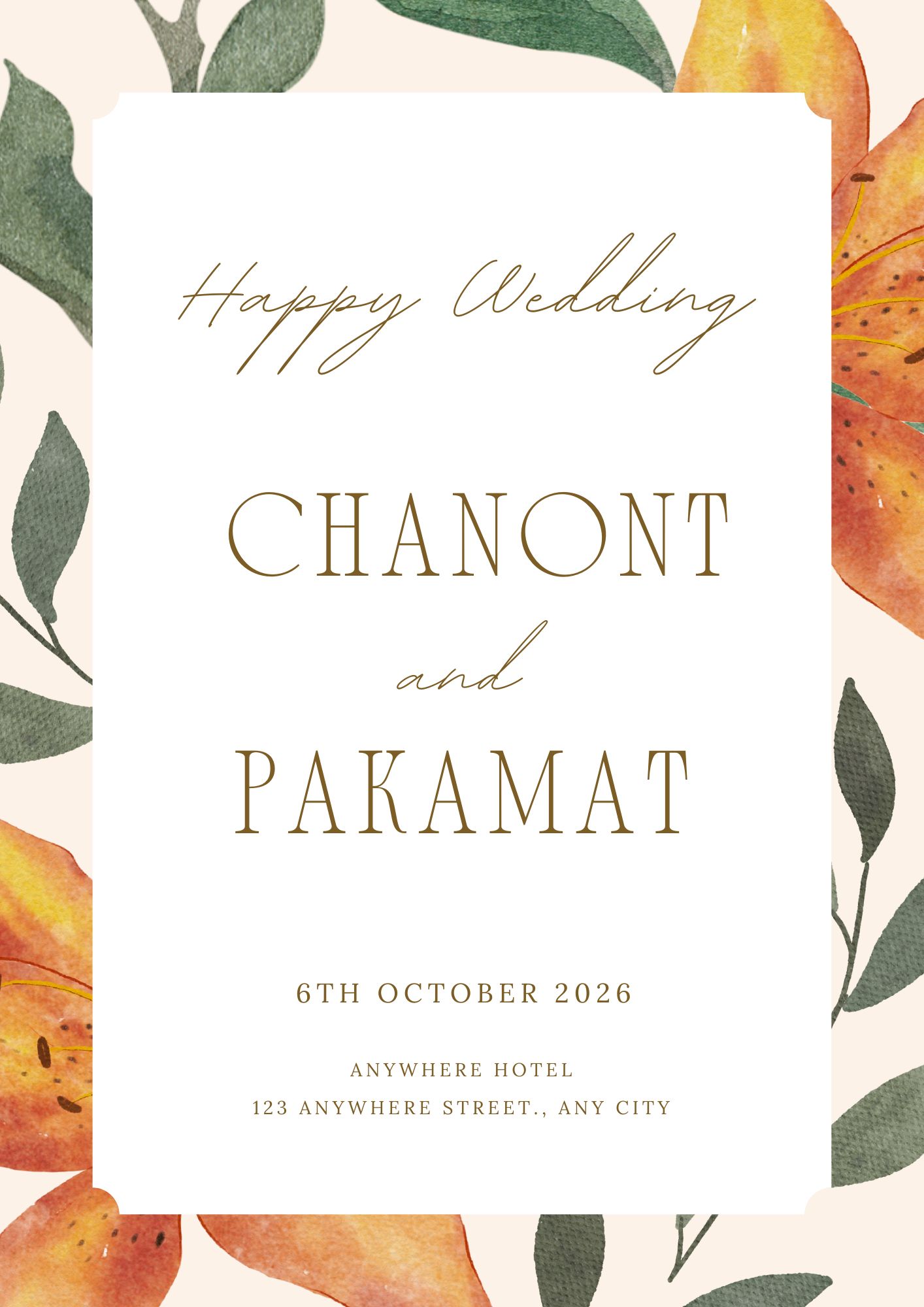 Minimalist wedding invitation card, white background with yellow-green leaf frame, gold font Happy Wedding and couple’s names in elegant style