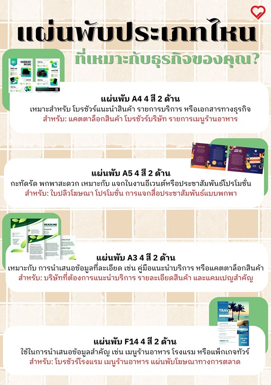 แผ่นพับ ประเภทไหน ที่เหมาะกับธุรกิจของคุณ? 1.แผ่นพับ A4 4 สี 2 ด้าน เหมาะสำหรับ โบรชัวร์แนะนำสินค้า รายการบริการ หรือเอกสารทางธุรกิจ แนะนำสำหรับ: แคตตาล็อกสินค้า โบรชัวร์บริษัท รายการเมนูร้านอาหาร  2.แผ่นพับ A5 4 สี 2 ด้าน  กะทัดรัด พกพาสะดวก เหมาะกับ แจกในงานอีเวนต์หรือประชาสัมพันธ์โปรโมชั่น แนะนำสำหรับ: ใบปลิวโฆษณา โปรโมชั่น การแจกสื่อประชาสัมพันธ์แบบพกพา 3. แผ่นพับ A3 4 สี 2 ด้าน เหมาะกับ การนำเสนอข้อมูลที่ละเอียด เช่น คู่มือแนะนำบริการ หรือแคตตาล็อกสินค้า แนะนำสำหรับ: บริษัทที่ต้องการแนะนำบริการ รายละเอียดสินค้า และแคมเปญสำคัญ 4. แผ่นพับ F14 4 สี 2 ด้าน ใช้ในการนำเสนอข้อมูลสำคัญ เช่น เมนูร้านอาหาร โรงแรม หรือแพ็กเกจทัวร์ สามารถพับได้หลายแบบ เช่น พับครึ่ง, พับสามตอน, พับซิกแซก แนะนำสำหรับ: โบรชัวร์โรงแรม เมนูร้านอาหาร แผ่นพับโฆษณาทางการตลาด