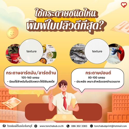 ใช้กระดาษชนิดไหนพิมพ์ ใบปลิว ดีที่สุด? กระดาษอาร์ตมัน/อาร์ตด้าน 105-160 แกรม – นิยมใช้สำหรับใบปลิวเพราะให้สีสันสดใส  กระดาษปอนด์ 80-100 แกรม – ประหยัด เหมาะสำหรับงานแจกจำนวนมาก