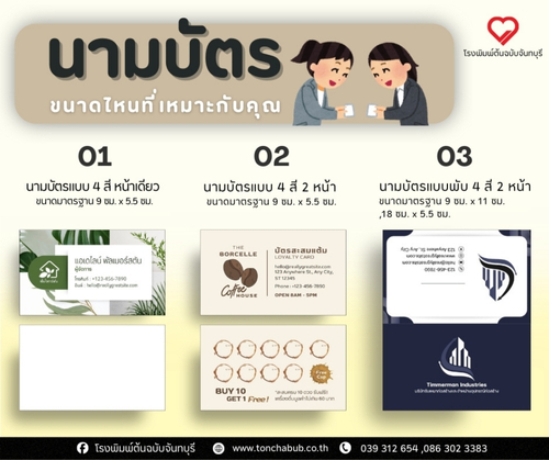 นามบัตร ขนาดไหนที่เหมาะสำหรับคุณ 1.นามบัตรแบบ 4 สี หน้าเดียว ขนาดมาตรฐาน 9 ซม. x 5.5 ซม. ใช้งานง่าย ออกแบบเรียบง่าย ประหยัดงบประมาณ เหมาะสำหรับธุรกิจทั่วไป พนักงานบริษัท และการแจกในงานอีเวนต์ 2.นามบัตรแบบ 4 สี 2 หน้า ขนาดมาตรฐาน 9 ซม. x 5.5 ซม. เพิ่มพื้นที่ในการใส่ข้อมูล เช่น คิวอาร์โค้ด รายละเอียดเพิ่มเติม หรือโปรโมชัน ออกแบบให้ดูมืออาชีพและมีความโดดเด่นมากขึ้น 3.นามบัตรแบบพับ 4 สี 2 หน้า ขนาดมาตรฐาน 9 ซม. x 11 ซม.,18 ซม. x 5.5 ซม. เพิ่มพื้นที่ใช้งานได้ 2 เท่า สามารถใส่ข้อมูลได้มากขึ้น ดีไซน์สวยงาม เปิด-ปิดได้ สร้างความประทับใจให้ลูกค้า