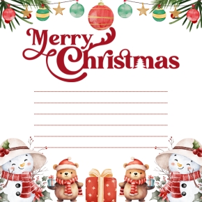 การ์ดคริสมาสต์แบบที่ 1: โทนสดใส อบอุ่น สไตล์ครอบครัว ดีไซน์สุดน่ารักที่รวมความสุขของฤดูหนาวไว้ครบ ทั้งหมี ซานต้า สโนว์แมน และของขวัญล้อมรอบคำว่า “Merry Christmas”