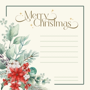 การ์ดคริสมาสต์แบบที่ 2: สไตล์ธรรมชาติ หรูเรียบ ดูอบอุ่น เน้นความสวยงามแบบ “Natural Luxury” ดีไซน์เรียบหรูด้วยใบไม้และดอก โปอินเซตเทีย สีแดง สื่อถึงความอุดมสมบูรณ์ และความปรารถนาดี