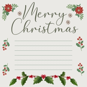 การ์ดคริสมาสต์แบบที่ 3: มินิมอล โทนเขียวธรรมชาติ ดีไซน์เน้นความอบอุ่นและความเป็นธรรมชาติ ใช้โทนสีเขียวเข้มและลายใบฮอลลี่ (holly) สื่อถึงความโชคดี เหมาะสำหรับคนที่ชอบสไตล์เรียบ ดูแพงแบบไม่ต้องใช้สีเยอะ