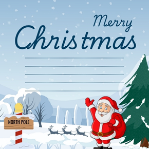 การ์ดคริสมาสต์แบบที่ 4: ซานต้าแห่งขั้วโลกเหนือ ถ่ายทอดบรรยากาศหิมะตกและความสนุกของ “ขั้วโลกเหนือ” ด้วยภาพซานต้าครอสยืนส่งยิ้มข้างต้นสนและป้าย North Pole สื่อถึงการเดินทางแห่งความสุข