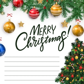 การ์ดคริสมาสต์แบบที่ 5: คลาสสิกเรียบหรู โทนทอง-เขียว-แดง เน้นความหรูหราและสดใสในเวลาเดียวกัน ด้วยลูกบอลคริสต์มาสและต้นสนประดับไฟ เหมาะสำหรับองค์กรที่ต้องการภาพลักษณ์อบอุ่นแต่ดูมืออาชีพ