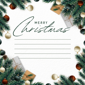 การ์ดคริสมาสต์แบบที่ 11: ธรรมชาติหรูหรา โทนทอง–เขียว–น้ำตาล ดีไซน์เรียบหรูสไตล์ “Elegant Nature” ด้วยกิ่งสนสีเขียวเข้มและลูกบอลทองแดง สื่อถึงความอุดมสมบูรณ์และความสุขในช่วงสิ้นปี