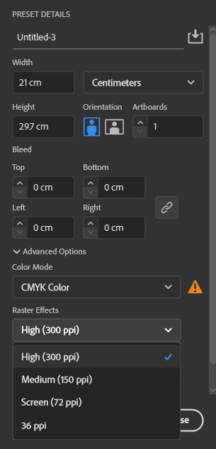 การตั้งค่าหน้ากระดาษ dpi 300 ของ Adobe Illustrator (AI)
