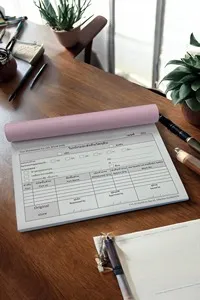 Receipt Book, 2 Sheets per Set, Carbonless Paper, 50 sets per book, 1 book = 50 sets, 1 set = 2 sheets. Top and bottom sheets are carbonless paper (NCR). Available in 5 colors: white, pink, yellow, blue, green. Perforated top sheet, numbered on every page. Spec: Carbonless paper, choice of 5 colors.