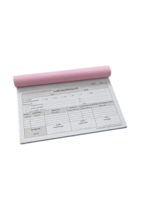 Receipt Book, 2 Sheets per Set, Carbonless Paper, 50 sets per book, 1 book = 50 sets, 1 set = 2 sheets. Top and bottom sheets are carbonless paper (NCR). Available in 5 colors: white, pink, yellow, blue, green. Perforated top sheet, numbered on every page. Spec: Carbonless paper, choice of 5 colors.
