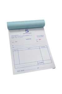 Receipt Book, 2 Sheets per Set, Plain Paper, 2 sheets per set, 50 sets per book, 1 book = 50 sets. Top sheet: bond paper (tear-off). Bottom sheet: proof paper attached to the book. Each page numbered. Spec: Top sheet bond 55 gsm | Bottom sheet proof paper.