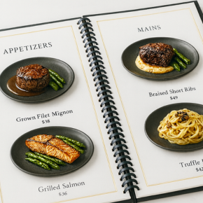 Spiral-bound menu, finished size A4 (21 cm × 29.7 cm). A spiral-bound menu is bound with a single continuous coil, available as a plastic coil or wire (Wire-O). The cover and inner pages can open 360 degrees and can be flipped so the cover rests at the back. The front cover is hard cover.