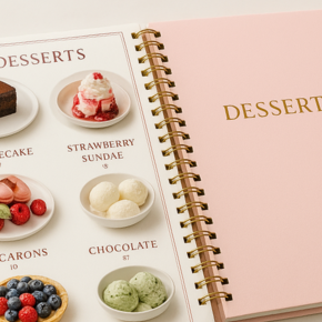 Wire-O bound menu, finished size A4 (21 cm × 29.7 cm).