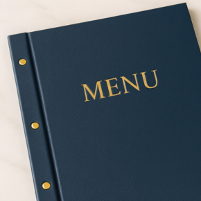 Hard-cover exposed screw-post menu with added spine, A4 panel size; 1-inch spine; 3 mm hinge groove. Finished size 24.5 cm × 29.7 cm (includes 2.5 cm flap and 1.0 cm fold/hinge). Open size 42 cm × 29.7 cm. Inner page size 22.9 cm × 29.1 cm (includes 2.5 cm flap).