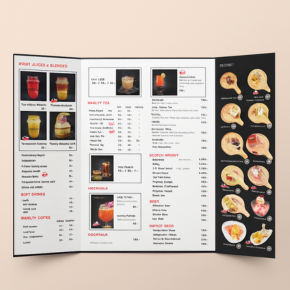 Rigid single-sheet menu; available as Photobook A3, Photobook A3 half-fold, Photobook A3 tri-fold, Photobook A3 gatefold, Photobook A4, and Photobook A4 half-fold.