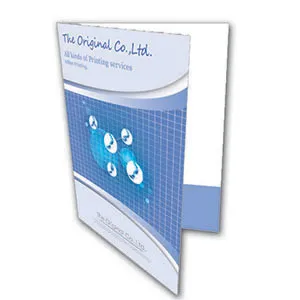 document folder 310 gsm Specification:  Paper: 310 gsm Art Card  Color: 4-color, single side (4/0)  Size: 23 x 31 cm (spine expandable 0.5 – 1.0 cm)  Flat Size: 59 x 40.5 cm (including flap and glued sections)  Finishing: Die-cutting, crease folding, folder assembly, shrink-wrapped, packed in boxes  Production Time: 15 days  Note: Artwork design fee not included (1,500 THB)