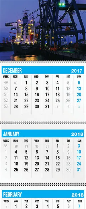 Commercial Calendar SP002 – 6-Month View. Displays 6 months at a glance with twin-wire binding. The top section of each monthly pad includes a perforated line for easy tear-off. Top part: printed in 4 colors, single side, size 29.7 × 21 cm on 230 gsm art card, with eyelet hole for hanging. Bottom part: 6 sections, each with 12 sheets, size 29.7 × 20 cm on 80 gsm bond paper, printed in 2 colors, single side. Free layout service.