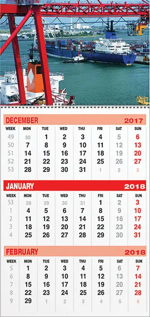 Appointment Calendar – 3 Months. Top section with 1 image sheet, bottom section shows 3 months per view. Twin-wire binding through the image area. Top part: printed in 4 colors, single side, size 29.7 × 21 cm on 230 gsm art card with eyelet hole for hanging. Bottom part: size 29.7 × 43 cm on 80 gsm bond paper, printed in 2 colors, single side, 12 sheets total. Bound with twin-wire size 5. Includes movable date indicator and cardboard backing (additional 13 THB/set). Free layout service.