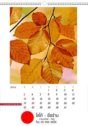 Premium Vertical Appointment Calendar, 13 sheets, twin-wire binding with hanging hook. Printed in full color on one side of each sheet. Free layout design. Advertisements must be placed in the same position across all ordered copies. Detailed specifications:  Overall calendar size: 17” × 24”  Image area: 9” × 11 1/4”  Advertisement area: 16 ½” × 2 ½”  Paper type: Cover – 190 gsm art card; Inside pages – 190 gsm art card Includes movable date indicator. Additional cost: 10 THB/set.